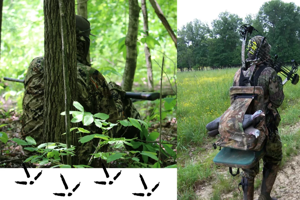 Turkey hunters, one with a compound bot, the other with a shotgun