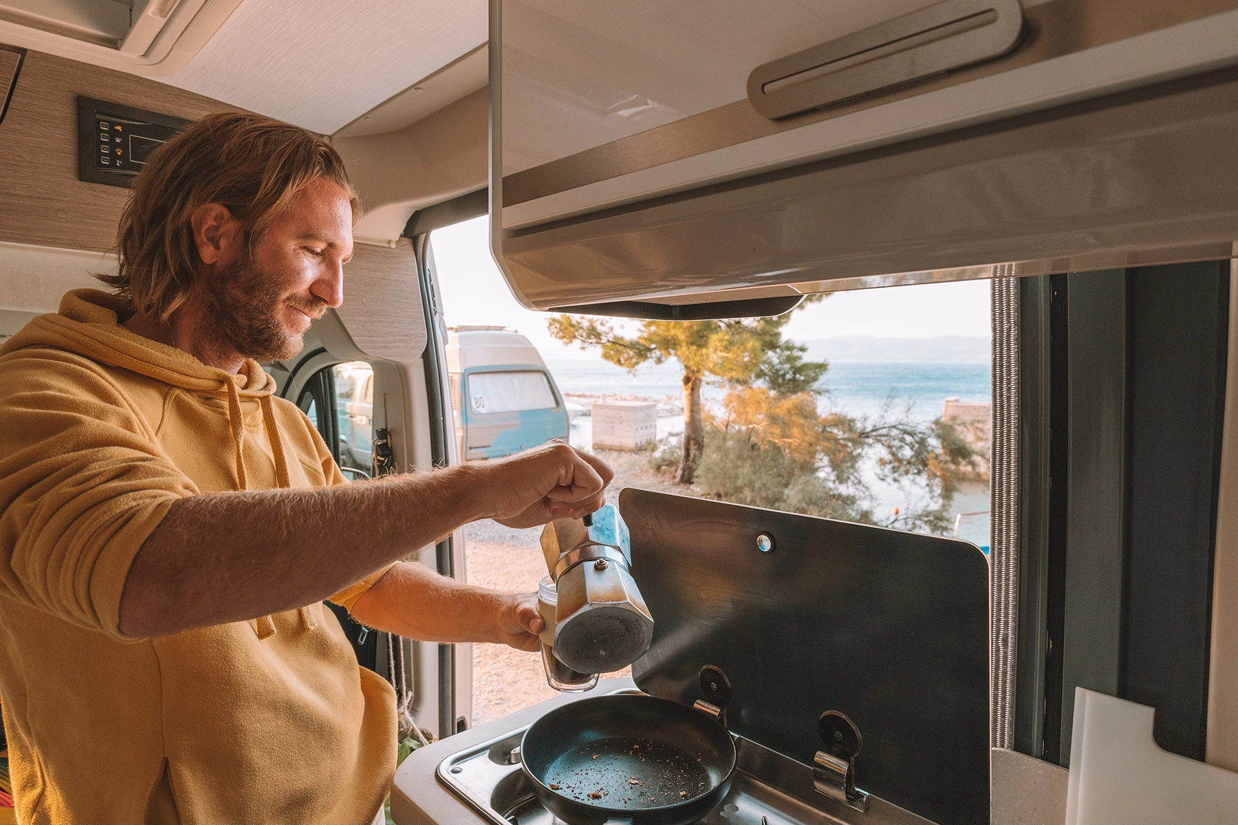 making breakfast van life road trip