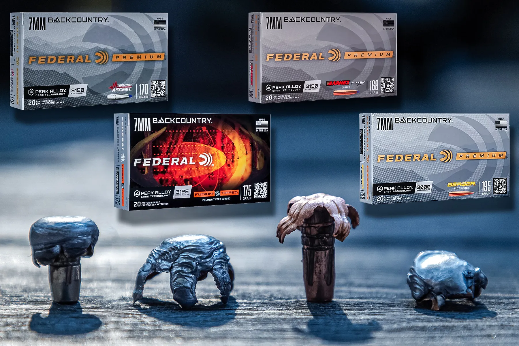 various Federal Backcountry ammo boxes with their respective mushroomed bullets