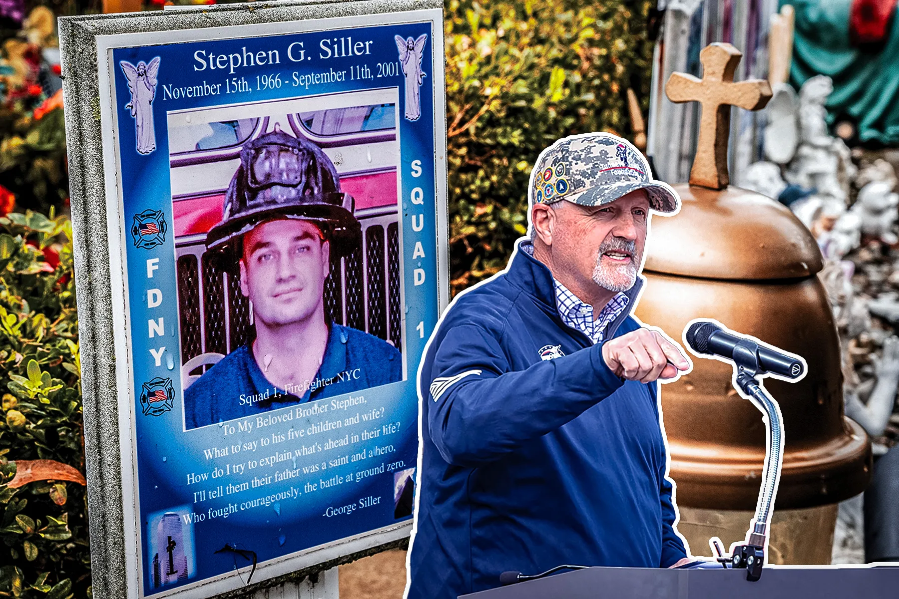 Frank Siller, chairman and CEO of the Tunnel to Towers foundation speaking with a memorial for his firefighter brother in background