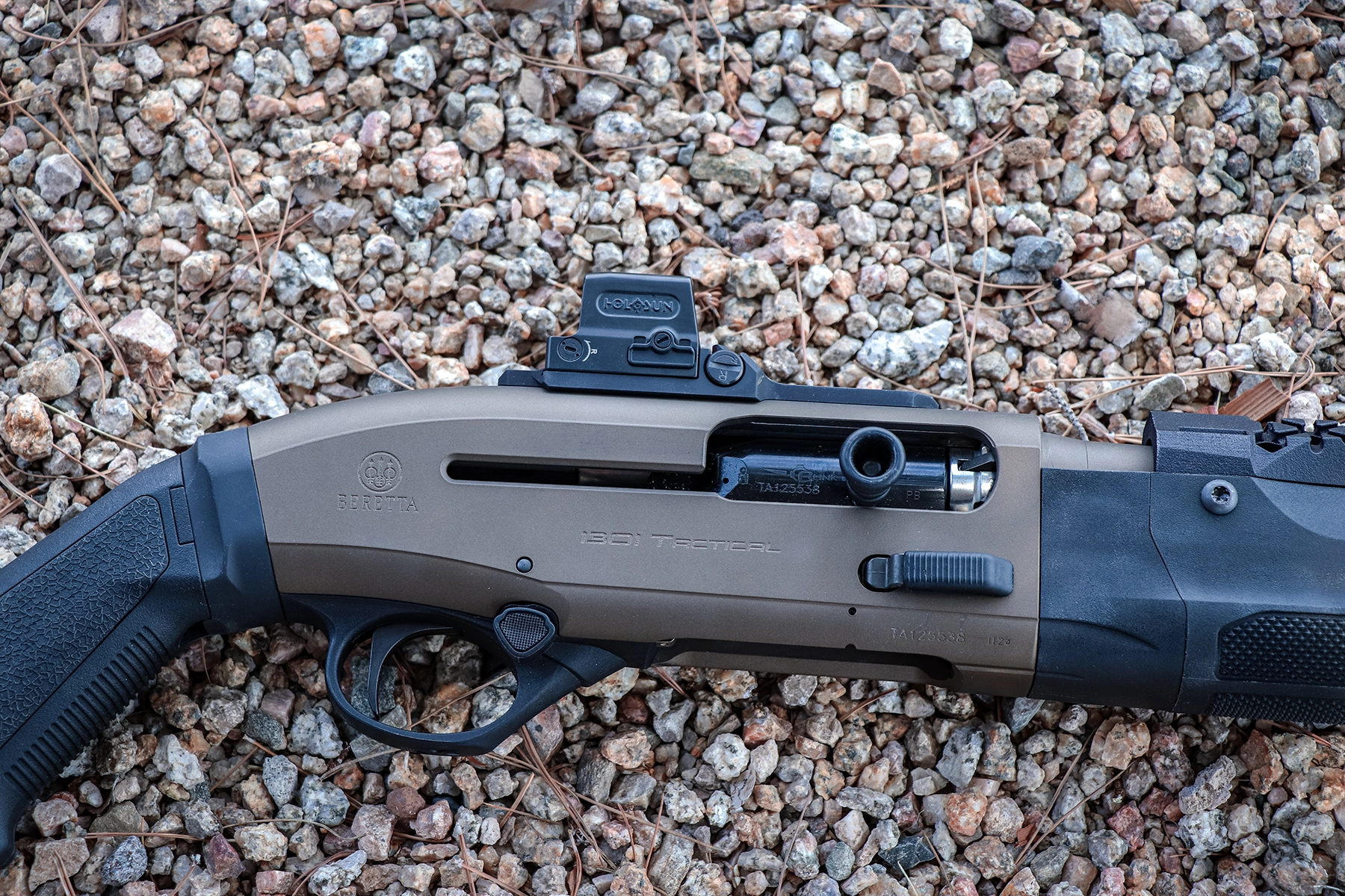 Langdon Tactical Beretta 1301 charging handle with Holosun red-dot optic