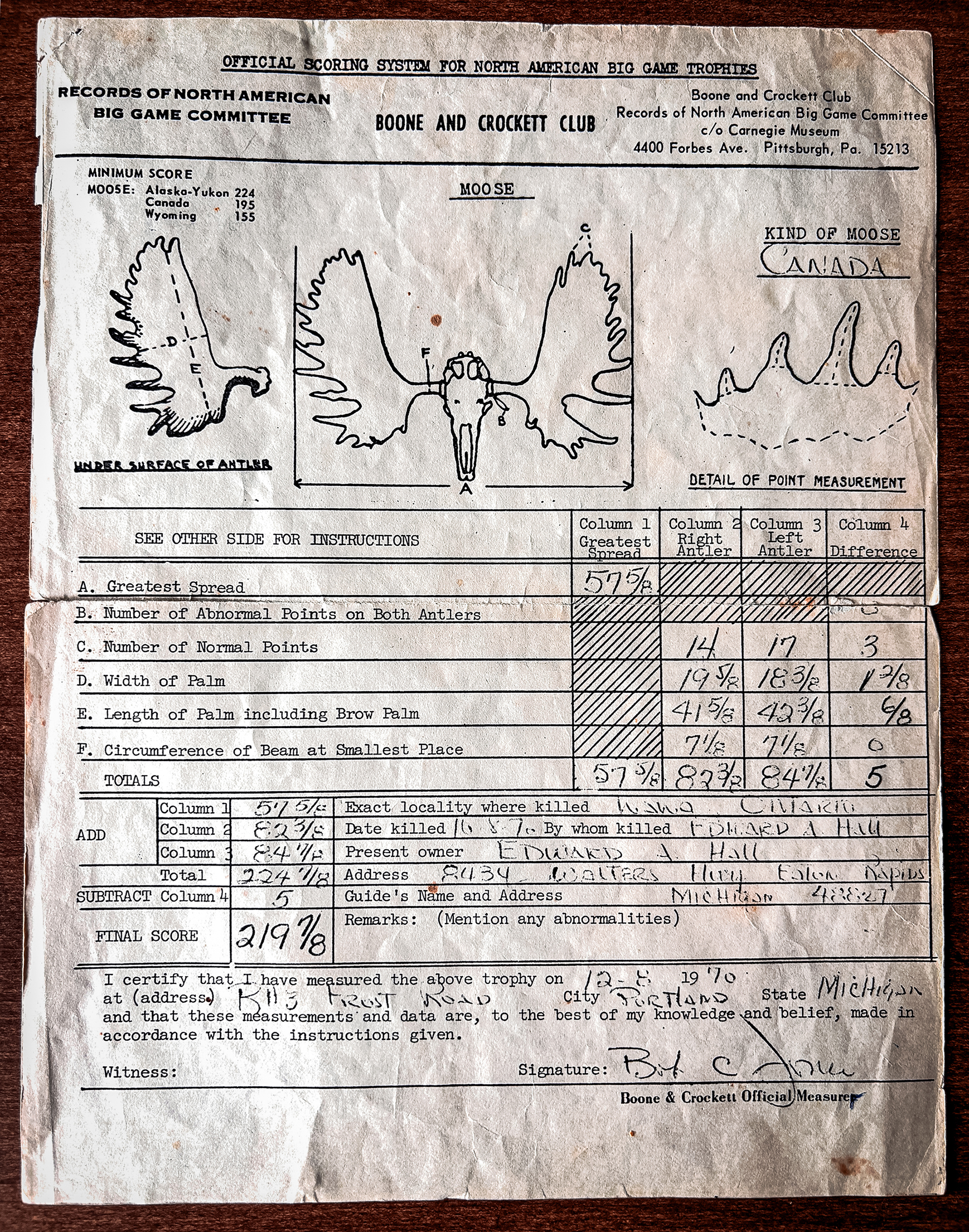 Boone and Crockett Score card, 1970