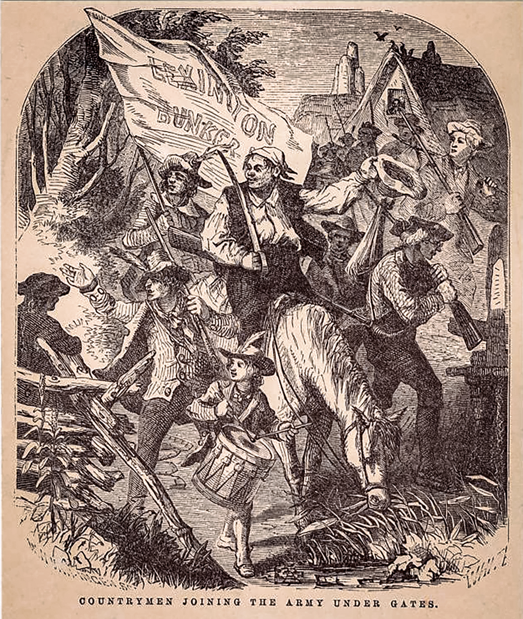 This late 18th century illustration, titled, "Countrymen joining the Army under Gates." depicts a drummer leading the volunteers of the American Revolution musicians