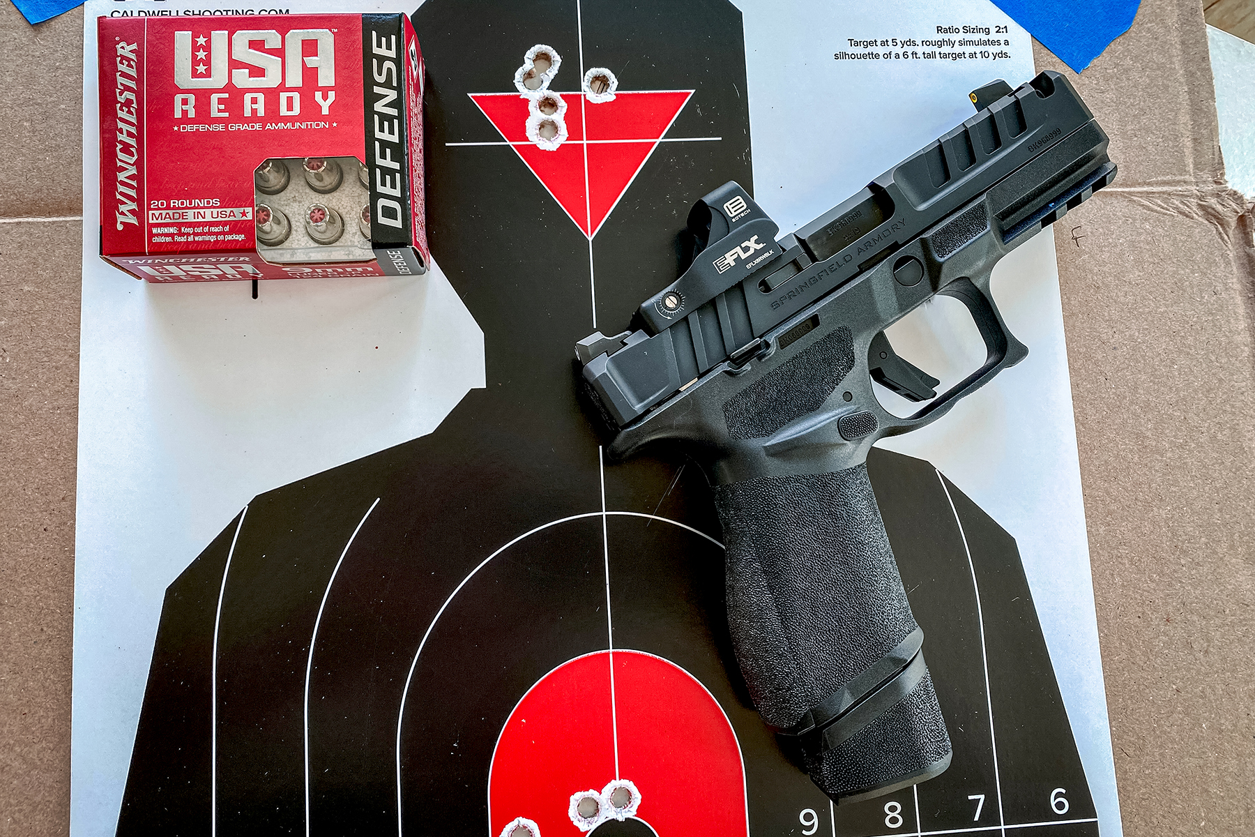 Springfield Echelon 4.0C Comp on target with Winchester Defense ammo