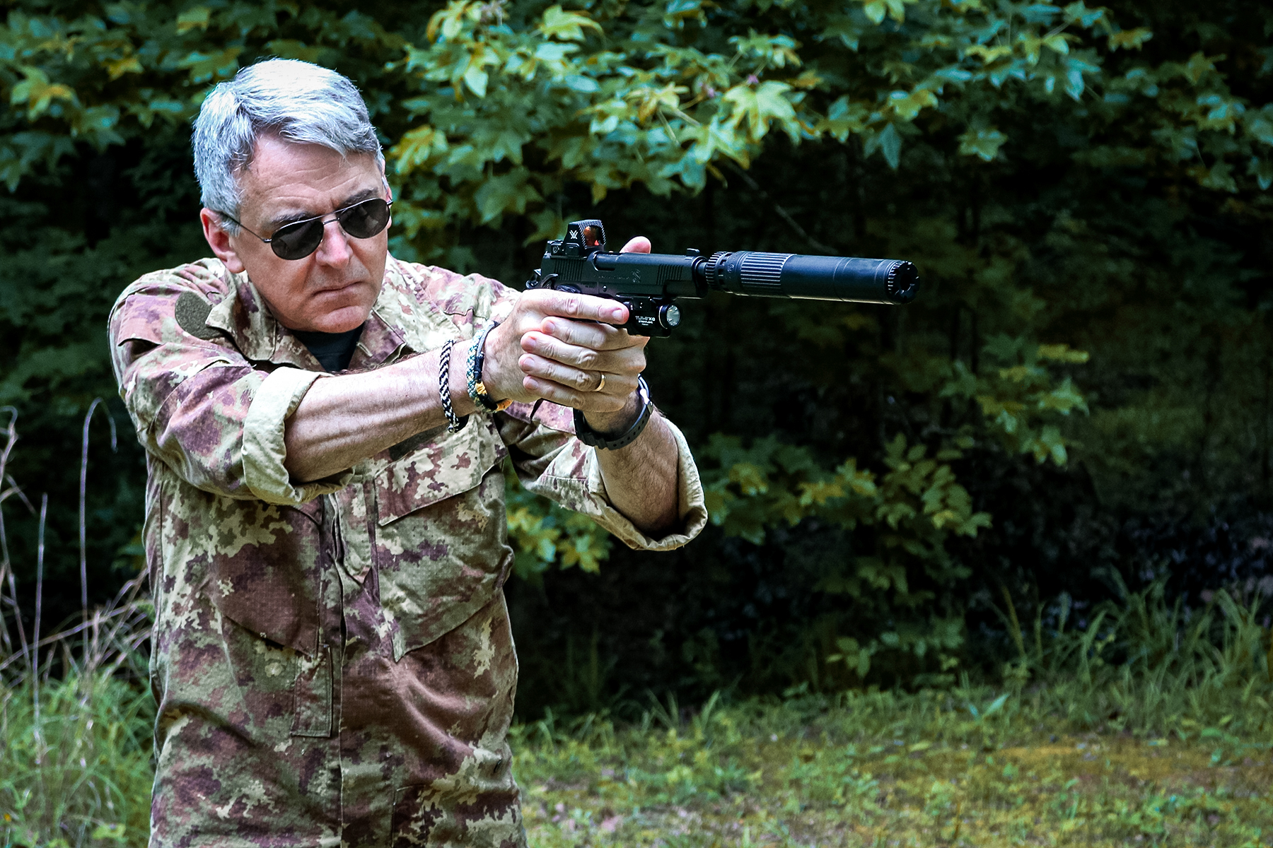 the author firing the Springfield Operator and the dead air mojave 45 suppressor