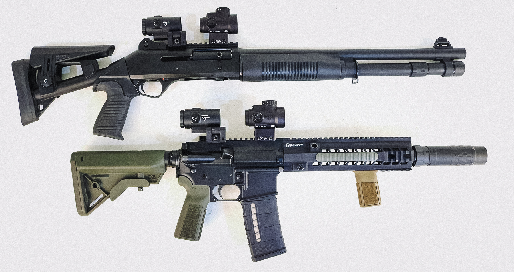 Trijicon MRO SD with magnifier on an AR and on a shotgun
