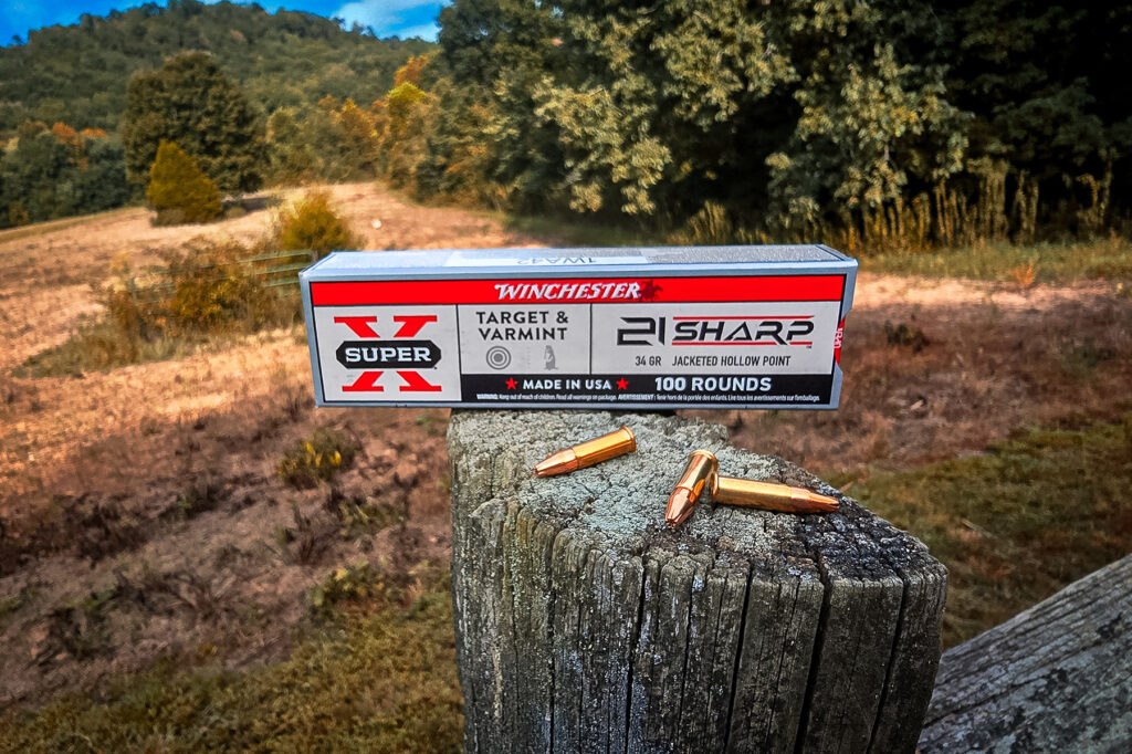 Winchester 21 Sharp on a wooden fence