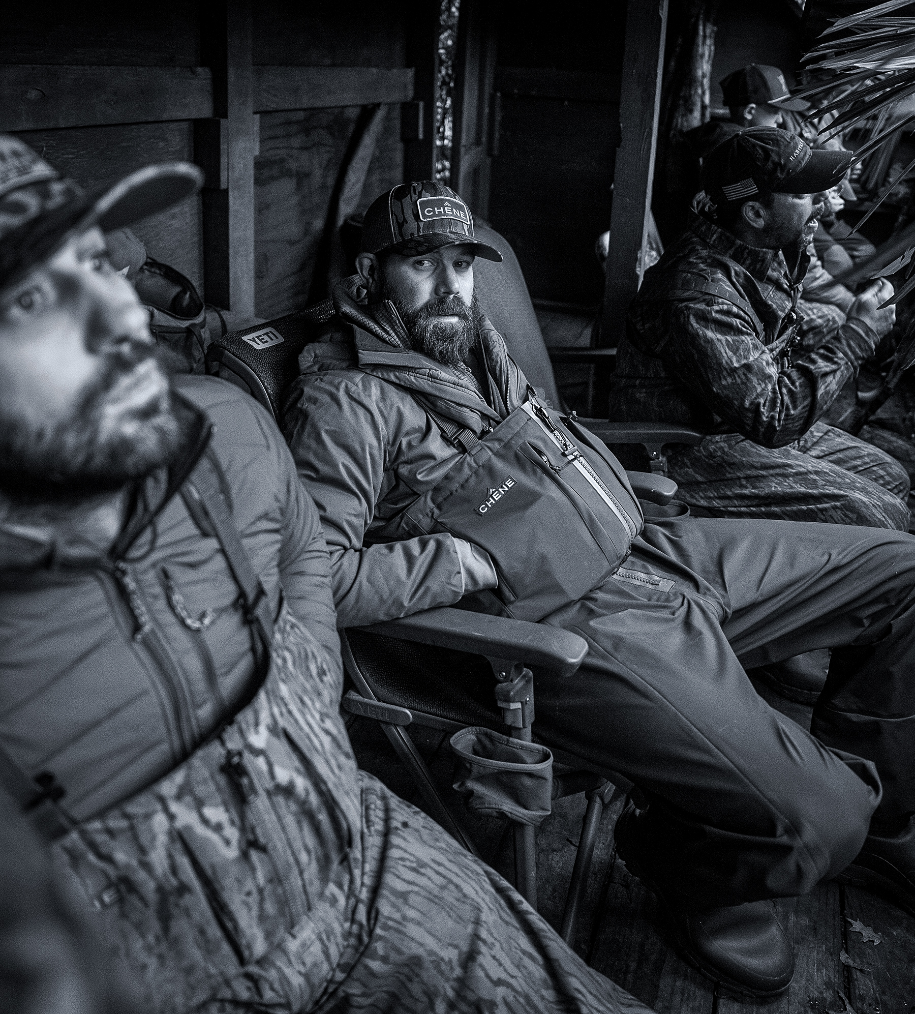 Jordan Davis in a duck blind with other hunters
