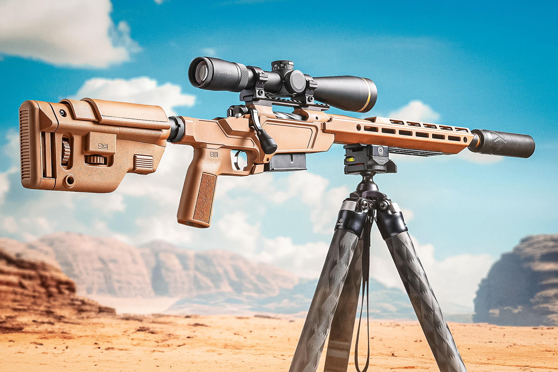 rifle on a tripod with a leupold scope