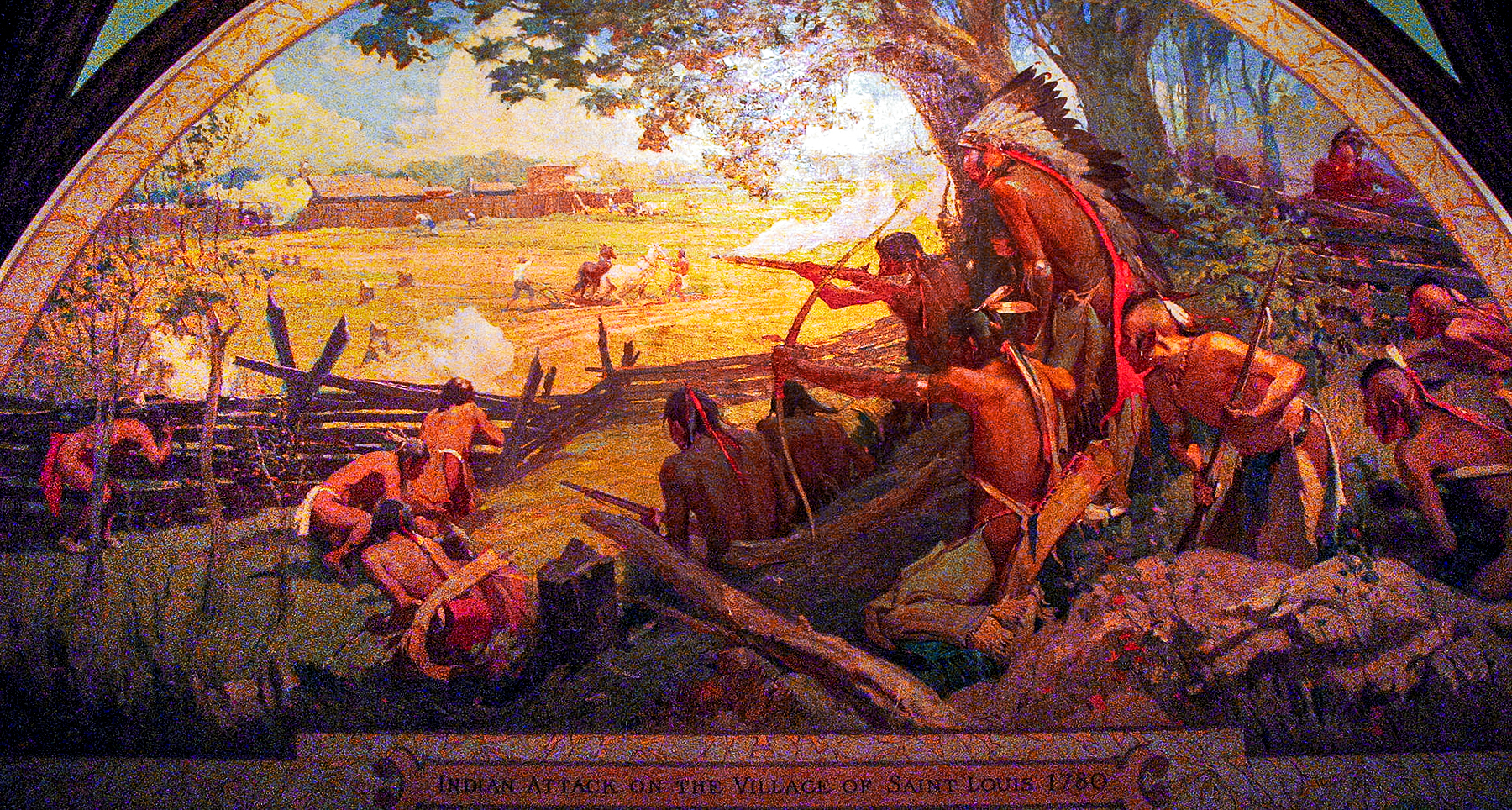 Indian Attack on the Village of Saint Louis 1780 by Oscar E. Berninghaus, 1925, Missouri State Capitol