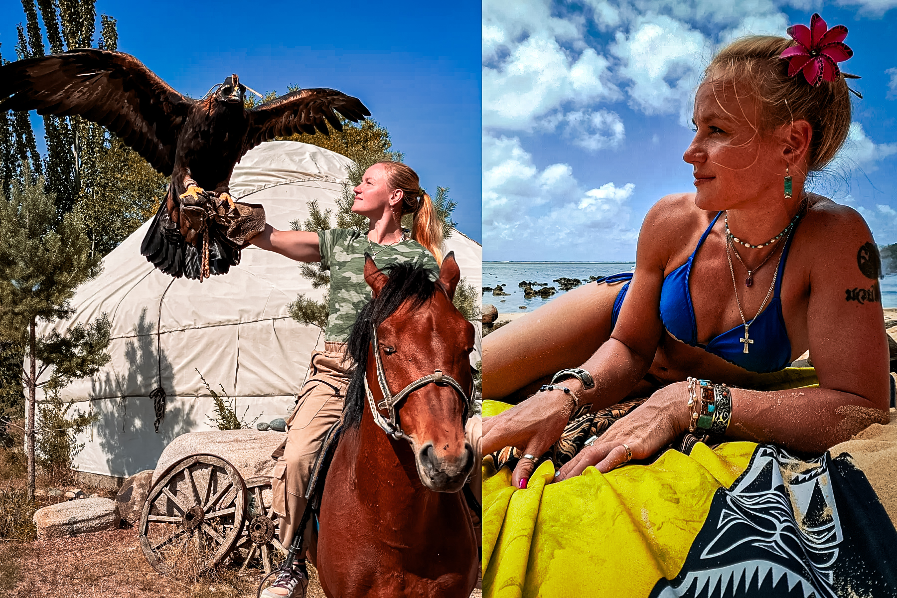 outside the octagon with her hawk and on the beach