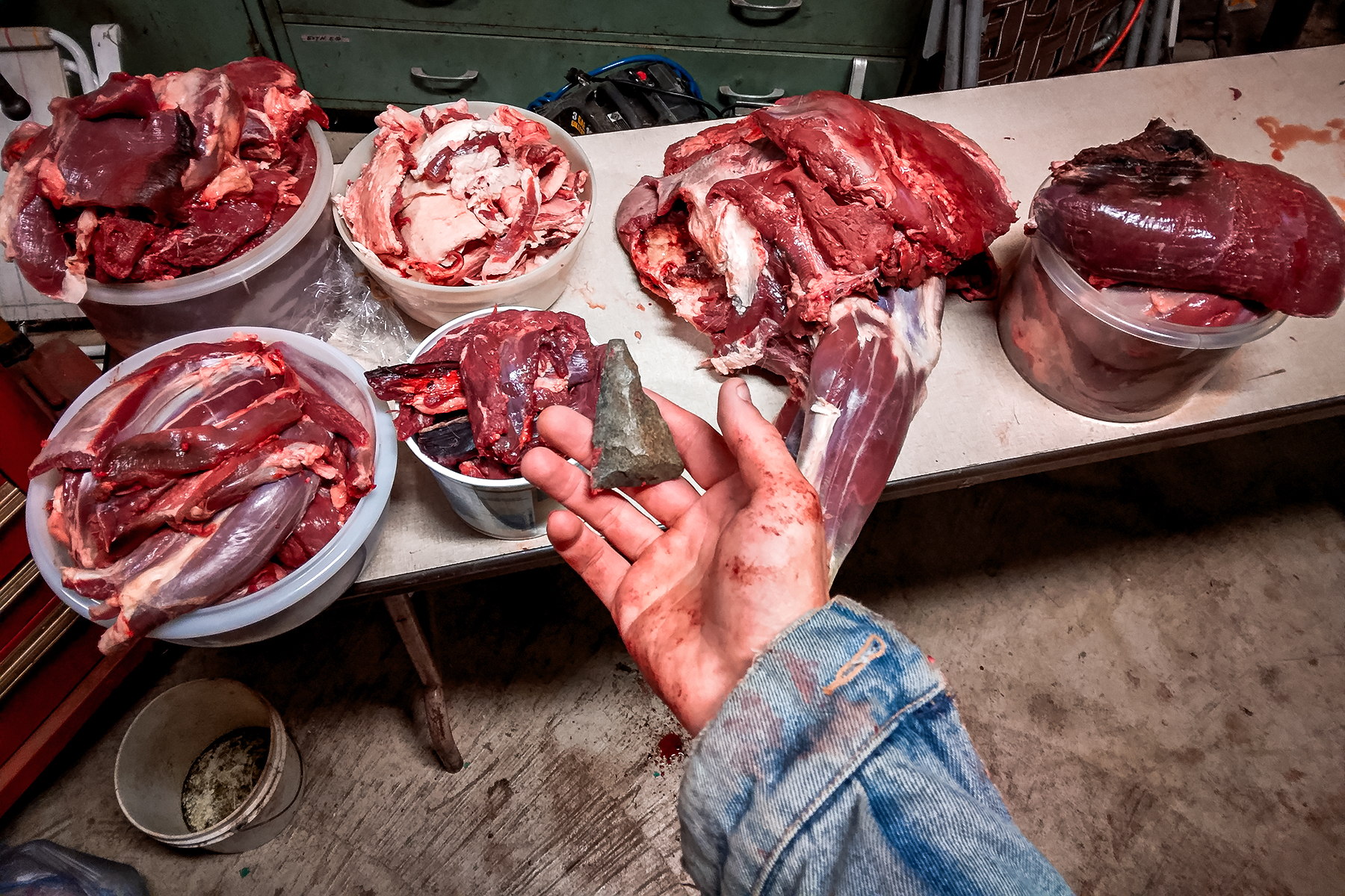 a stone blade an a table of butchered deer meat