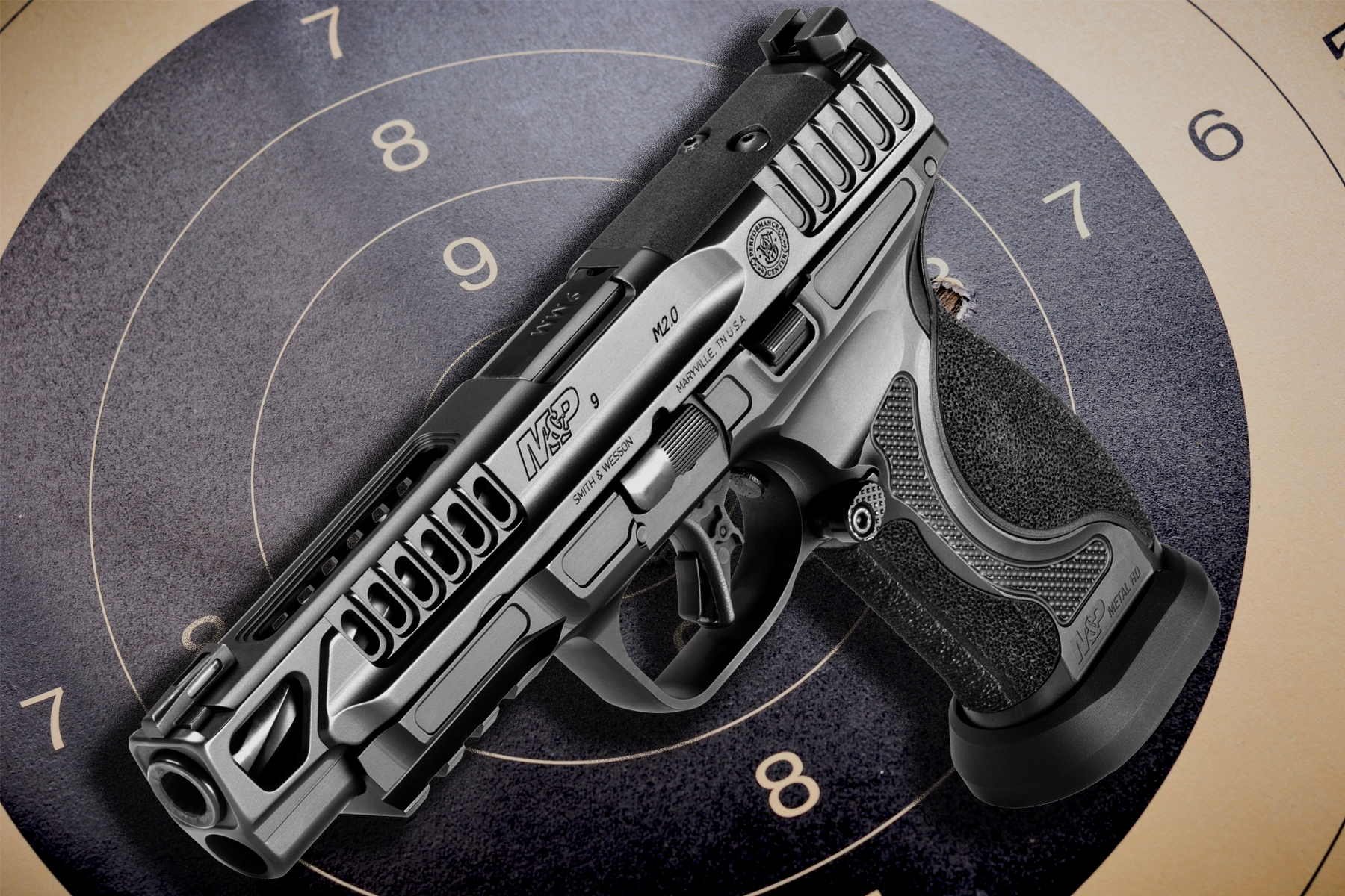 M&P 9 M2.0 Metal HD Competitor on Target Background
