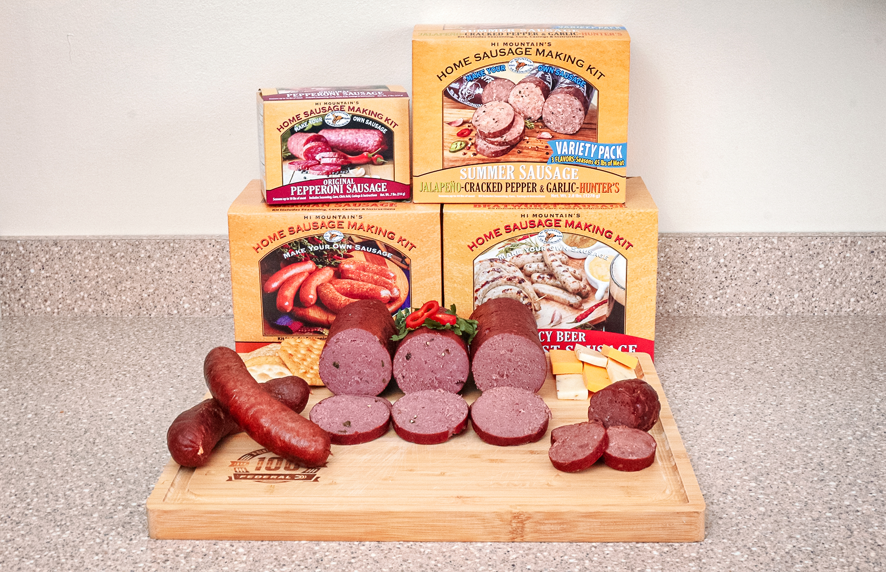 various types of sliced sausage with hi mountain kits