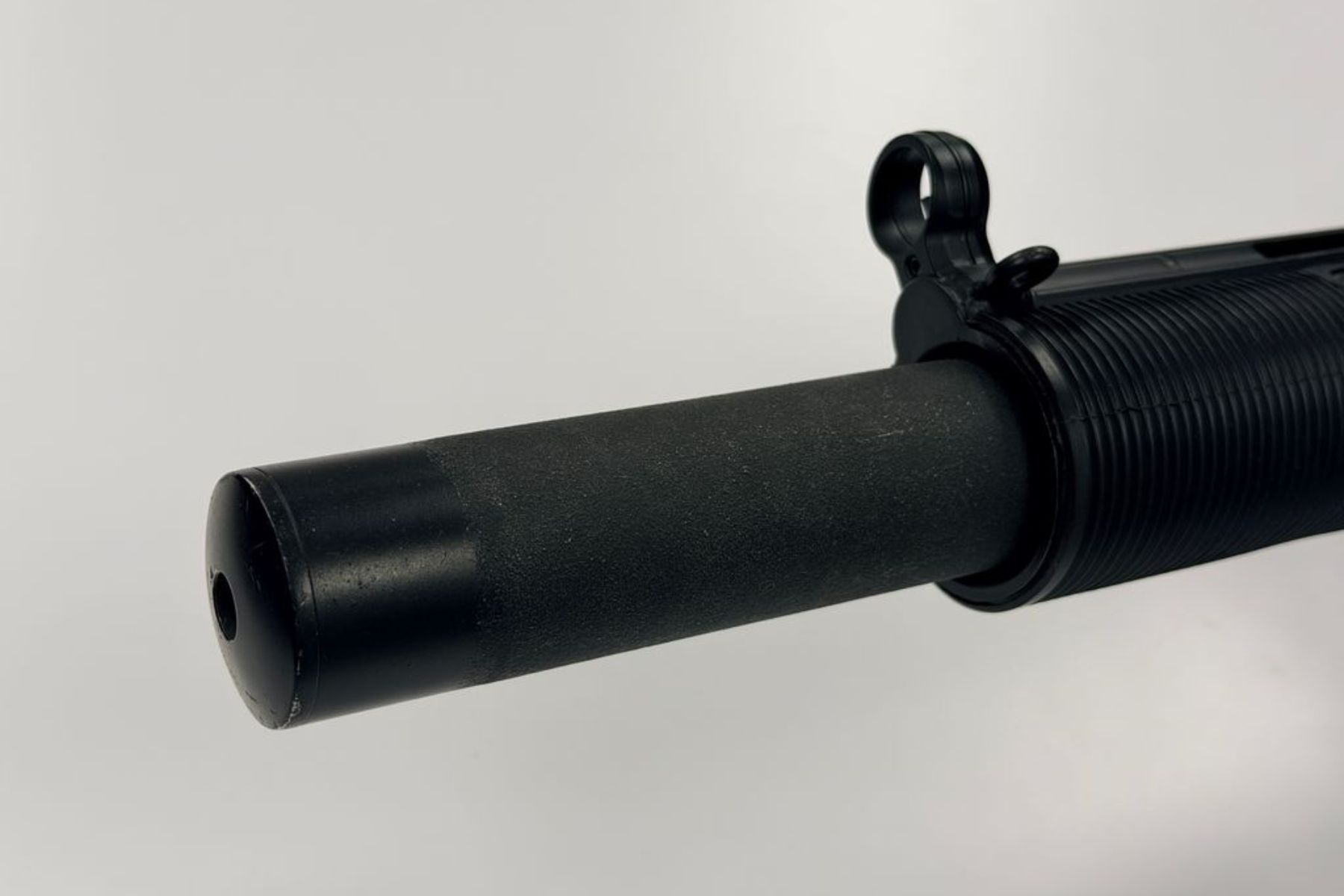 A closeup of the integrated suppressor on the HK MP5SD