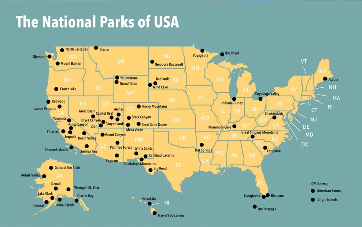 map of the national parks of the USA