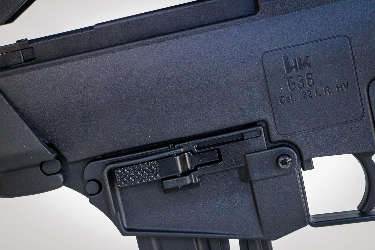HK G36 Rimfire magazine release close up