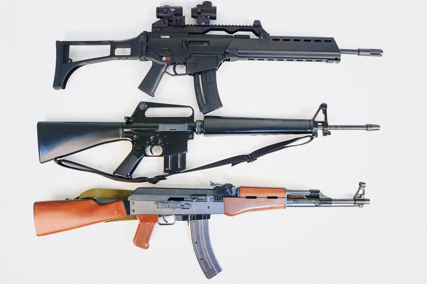 HK G36 Rimfire with an M16A1 style rimfire rifle and and AK-47 rimfire