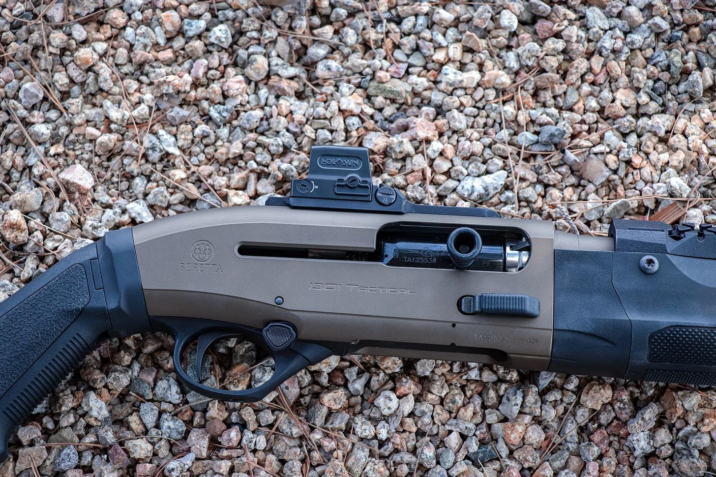 Langdon Tactical Beretta 1301 charging handle with Holosun red-dot optic