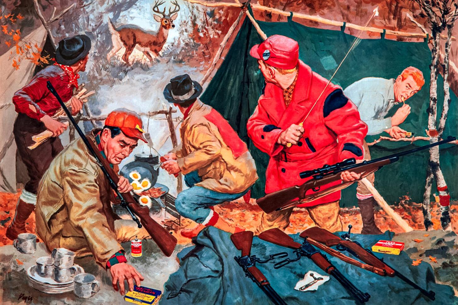 men at deer camp in the morning - winchester illustration