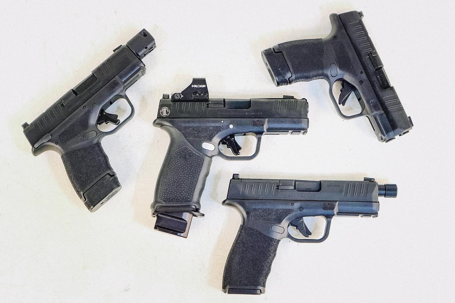 LTT Hellcat Pro with red dot with standard Hellcat, a Hellcat with a compensator, and a Hellcat Pro with a threaded barrel.