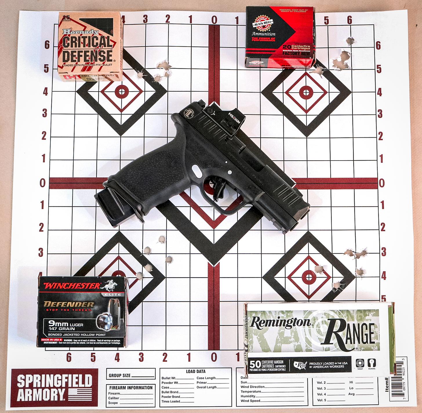 LTT Hellcat Pro pistol on target with ammo