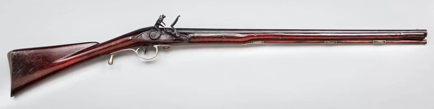 Scottish officer Patrick Ferguson developed a rifled firearm that could be loaded from the breech, or rear of the barrel. This allowed the user to fire up to six rounds a minute, nearly twice the rate of fire of a musket, combined with the accuracy of a rifle. Some British officers purchased these “Ferguson” rifles, like this example, to use on campaign in North America. Image: Museum of the American Revolution
