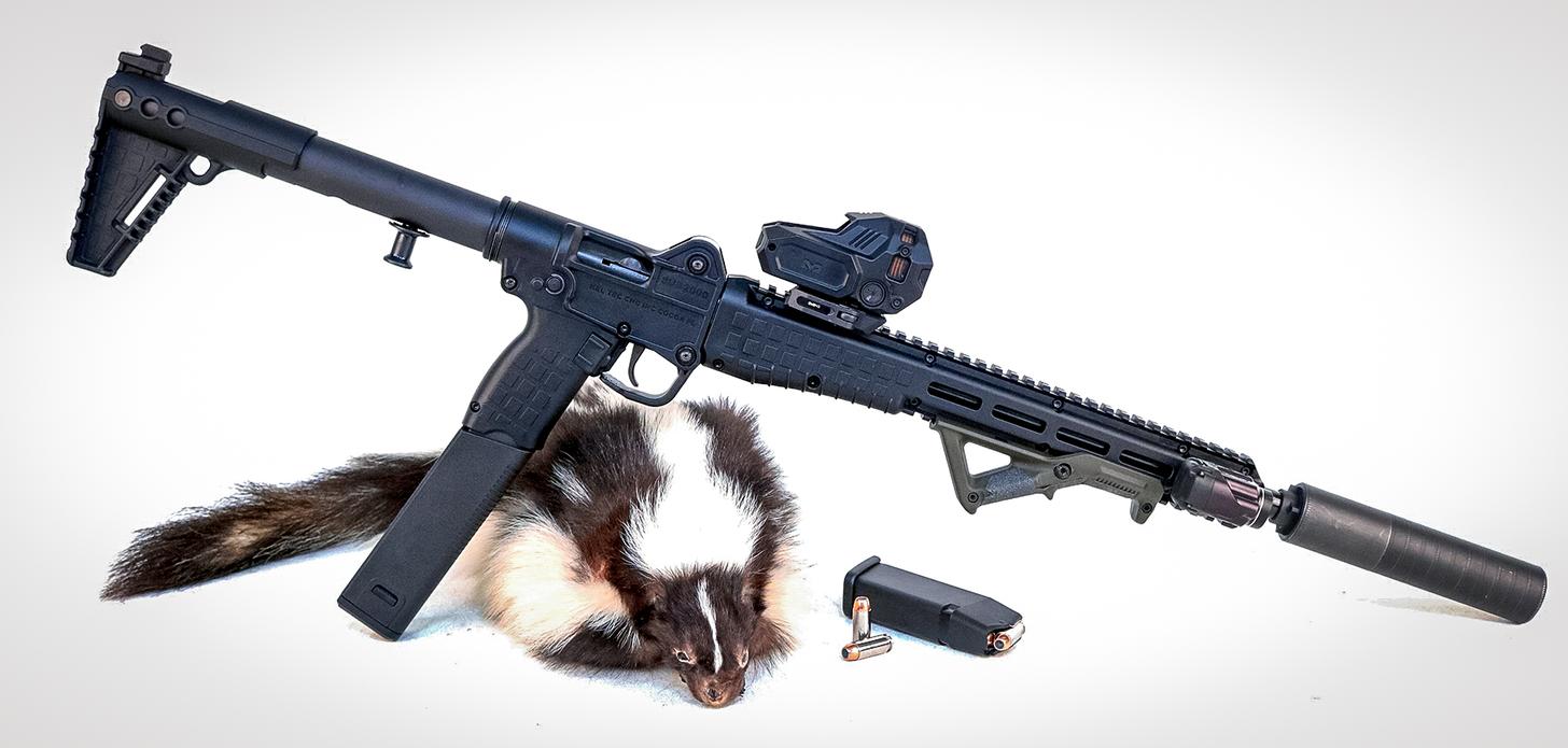 a tricked out KelTec SUB2000 with a magazines and a critter