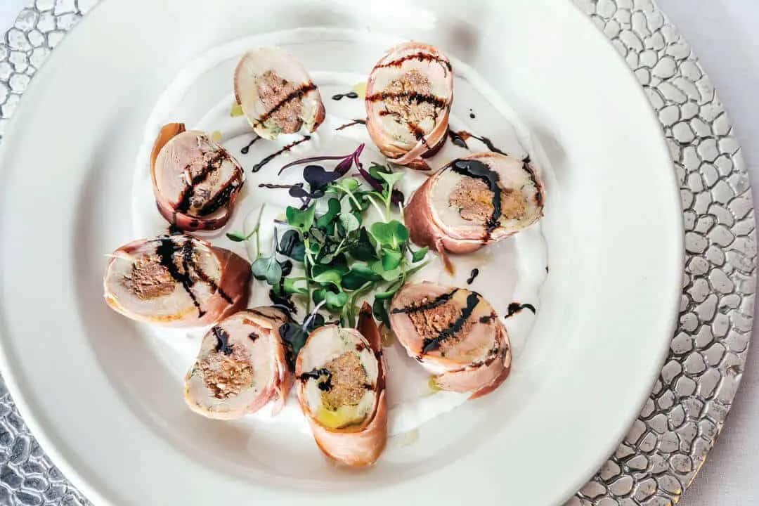 Prosciutto Wrapped Dove Breast with Elk Sausage Roulade