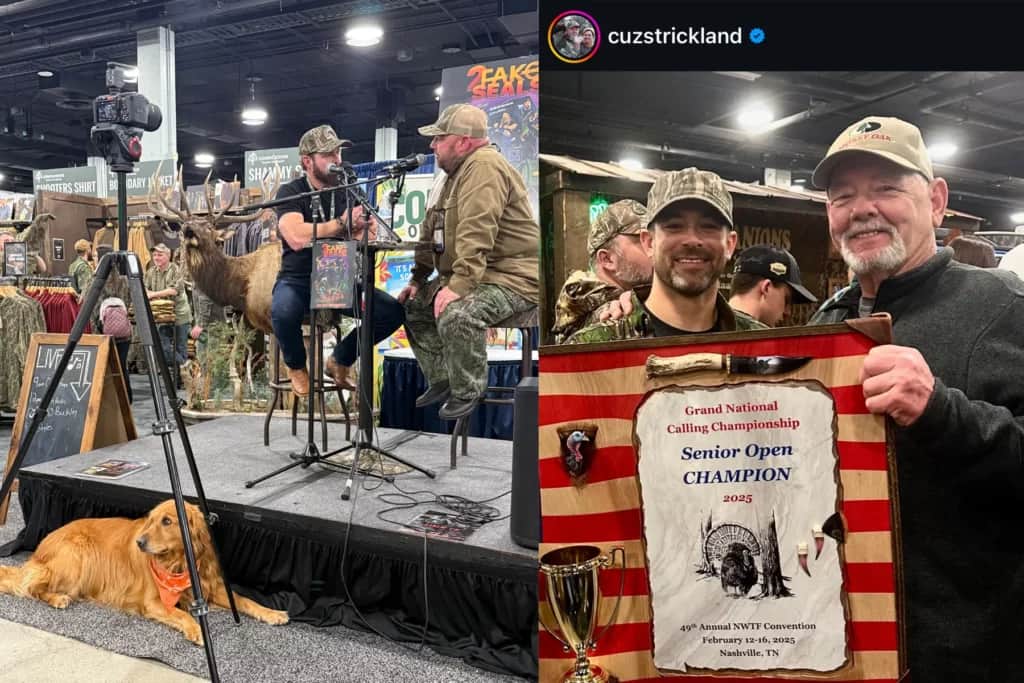 Left: Forrest Gump Pup chilling at NWTF. Right: Ronnie Cuz Strickland—he's still got it after all these years! He's a legend in the turkey woods and on the stage.