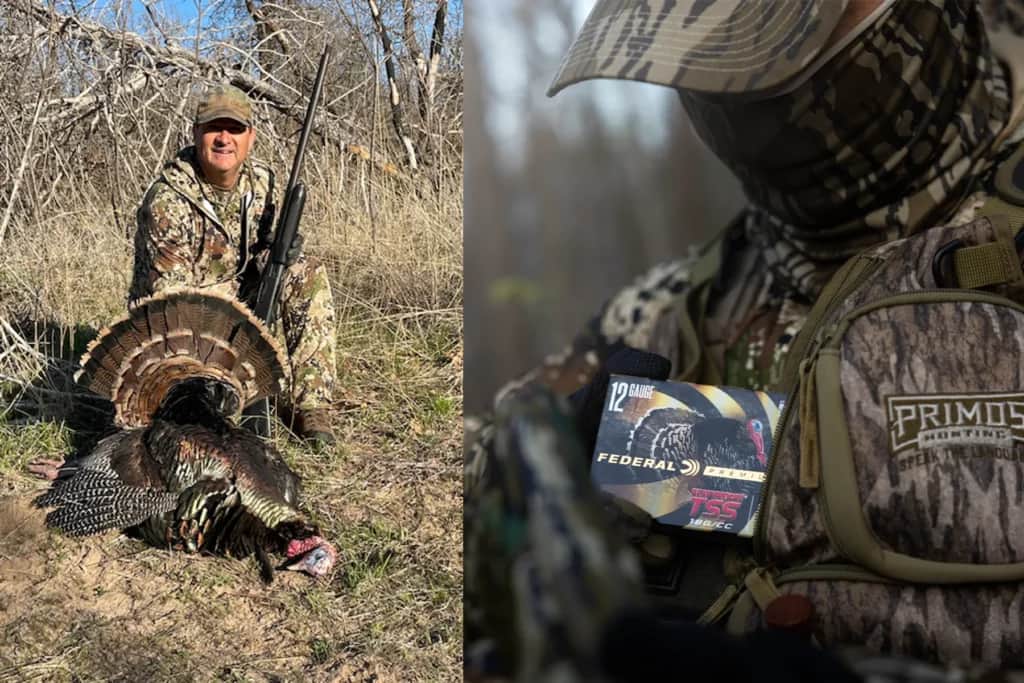 Oklahoma turkey hunter with gobbler and Federal 12 gauge TSS Turkey shotshells