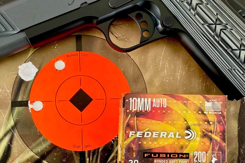 Kimber Comp X 10mm with target shot with Federal Fusion ammunition.