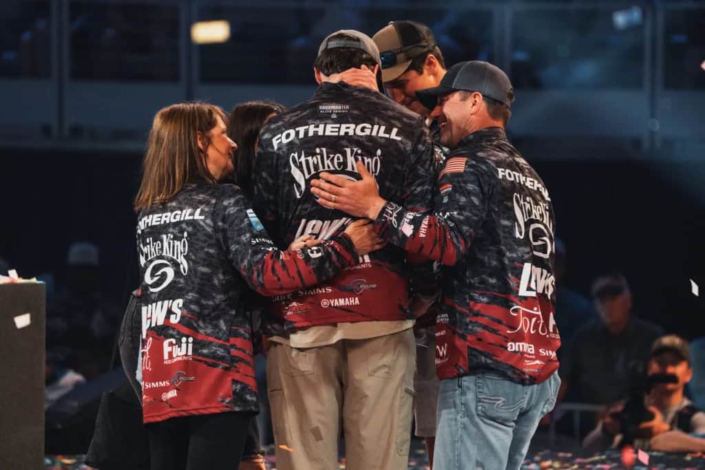 Easton Fothergill with his team celebrating on the podium 2025 Bassmaster Classic