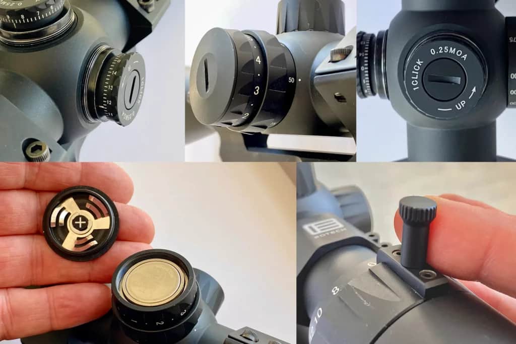 Clockwise from top left: Right side of main tube, windage knob, uncapped; reticle brightness control (set between 3 and 4) and parallax control set for 50 yards; elevation turret, uncapped, showing each click equals .25 MOA of elevation movement; repositionable throw lever to change magnification setting; cap removed from the battery compartment.