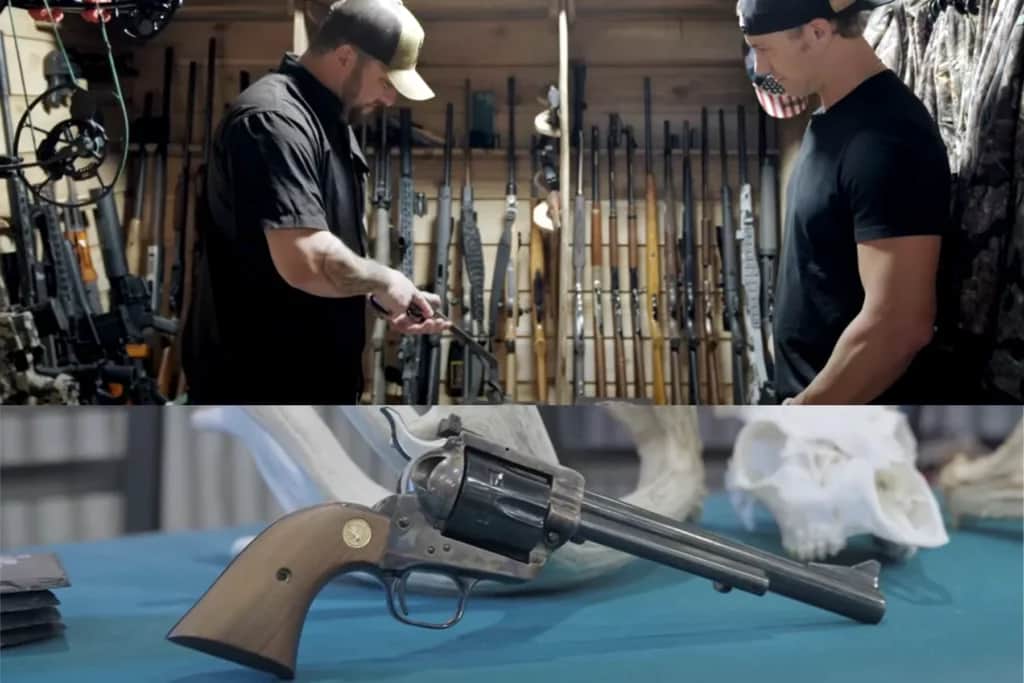 Tyler Farr with John Radzwilla Colt Single Action Army revolver shown off on Hook & Barrel's Safe Space video 2025