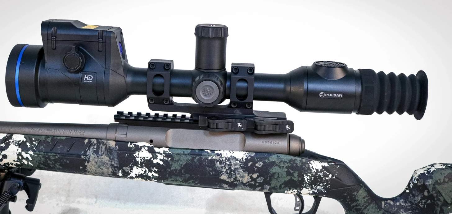 A Savage Axis 2 Pro rifle fitted with a Pulsar Thermion 2 LRF XL60 thermal riflescope