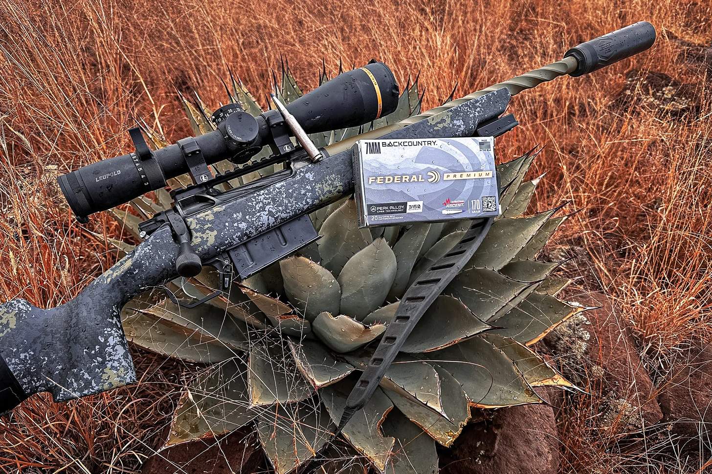 Horizon (Kaspar Outdoors) Venatic Carbon rifle with federal backcountry 7mm ammo on a cactus