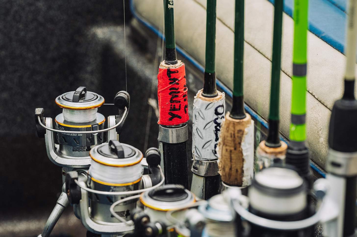 fishing poles in a rack