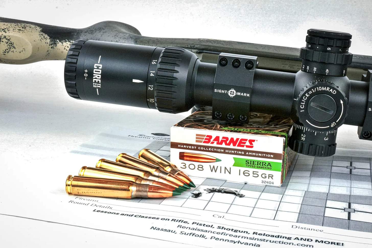 ammo and scoped rifle on a target