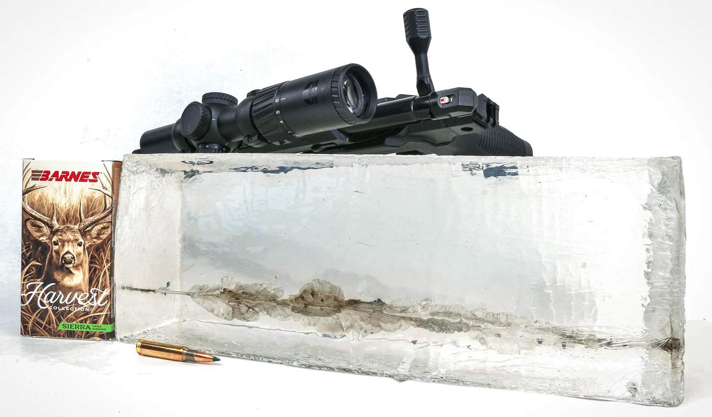 ballistics gel block with wound channel and a bolt action pistol