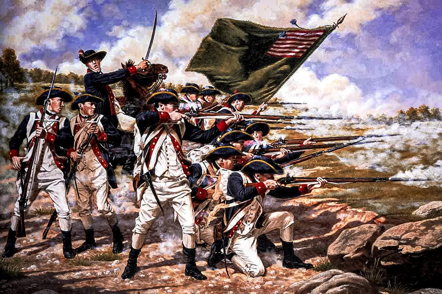 painting of continental soldiers firing at the Battle of Long Island
