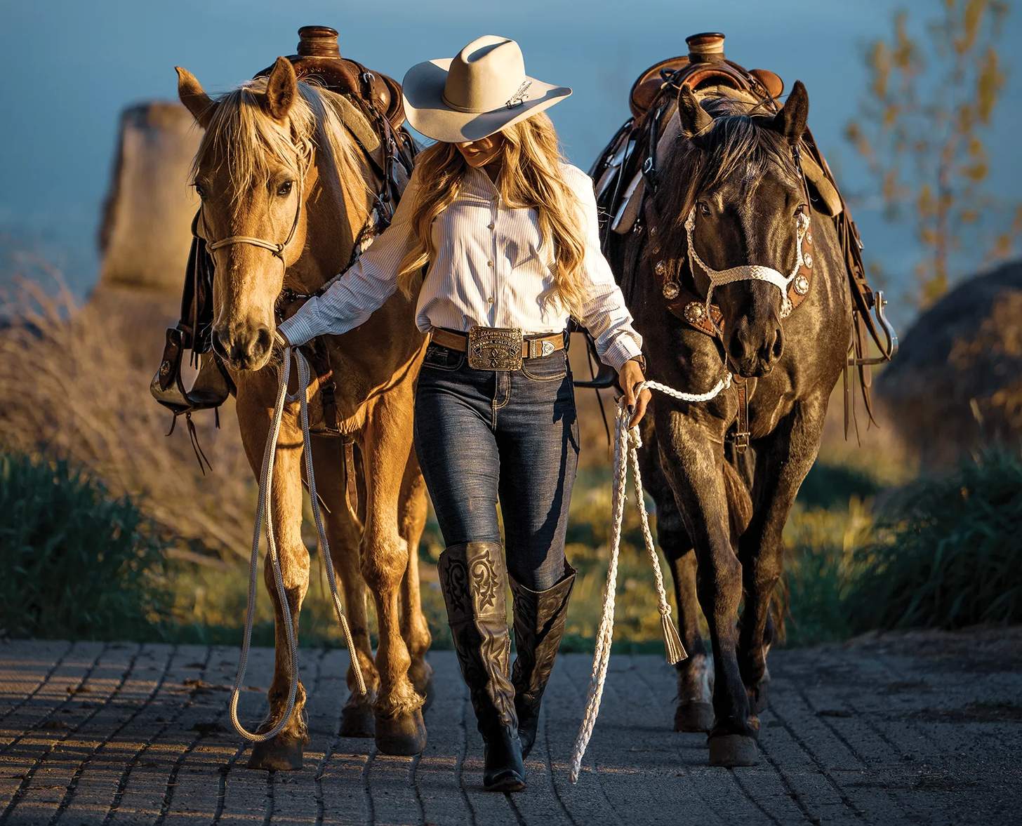 woman leading two horses