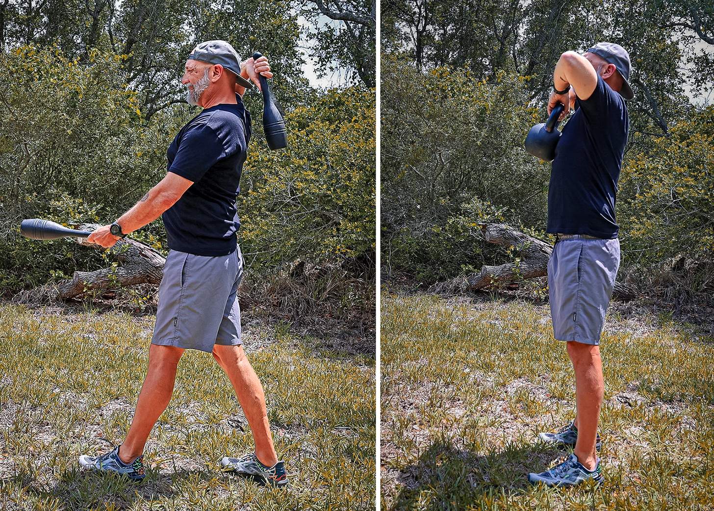 a man doing a fishing working out with weighted indian clubs and a kettlebell