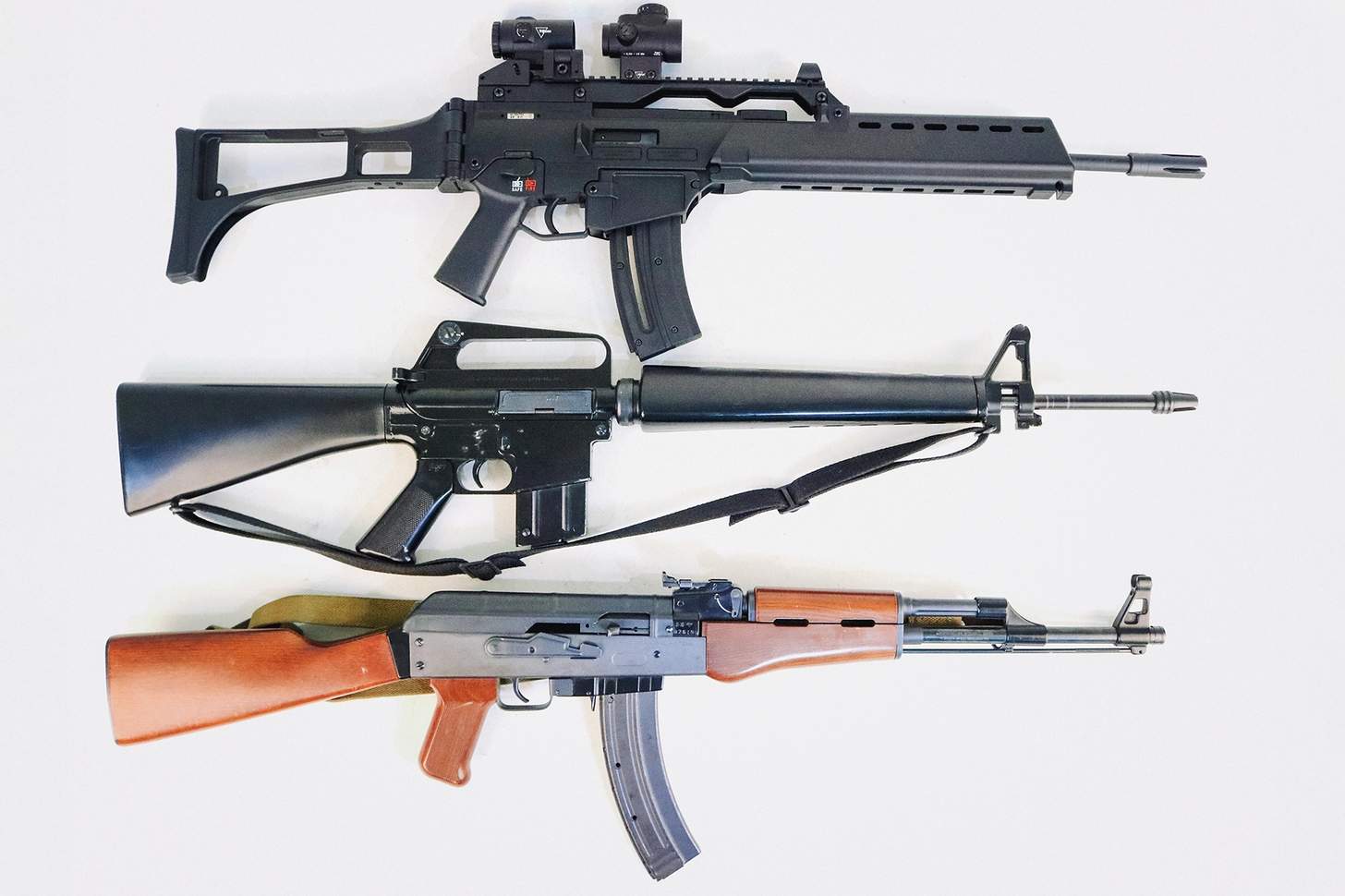 HK G36 Rimfire with an M16A1 style rimfire rifle and and AK-47 rimfire