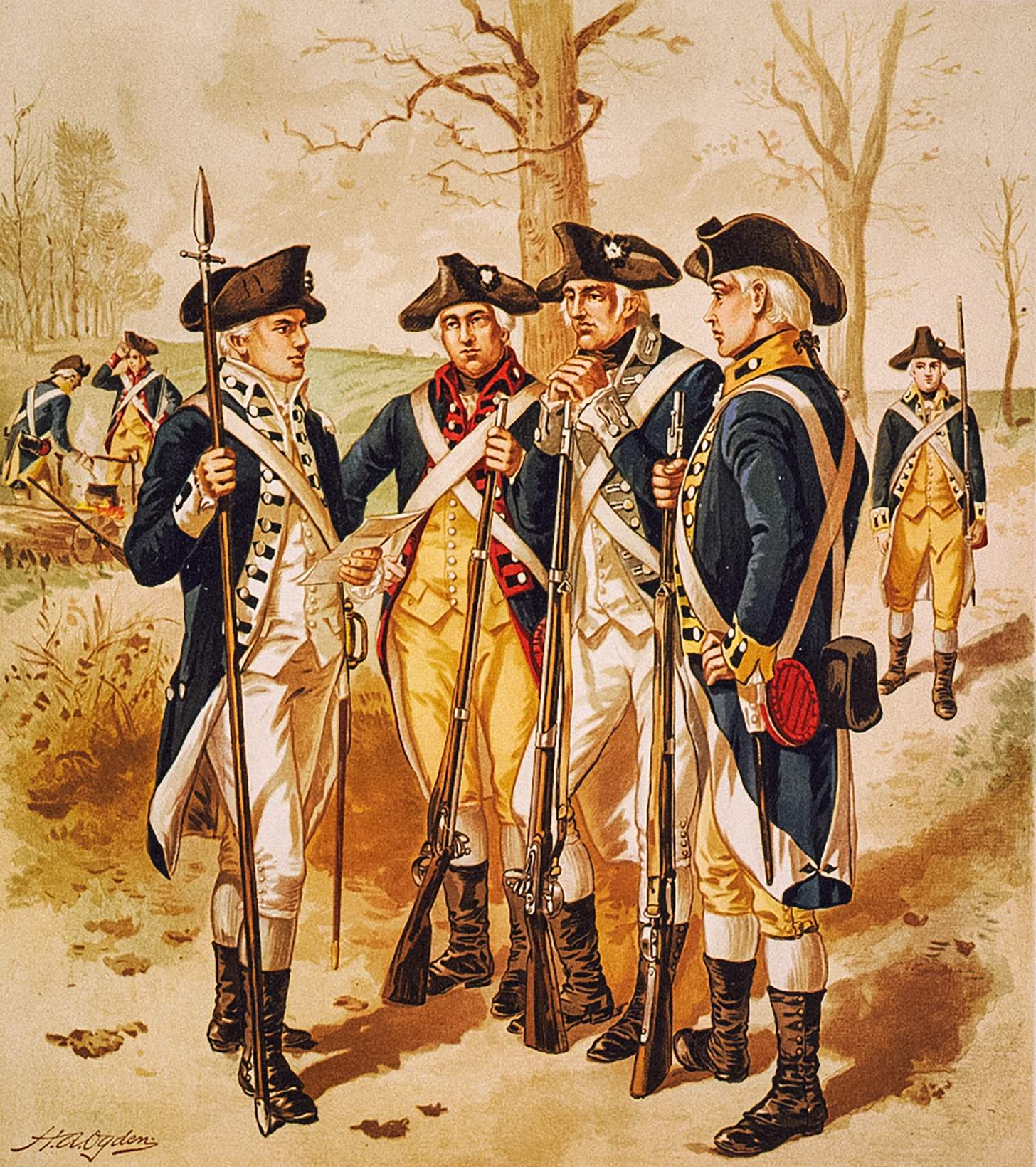 a painting of continental army soldiers, one holding a pikeSoldiers of the American Revolution