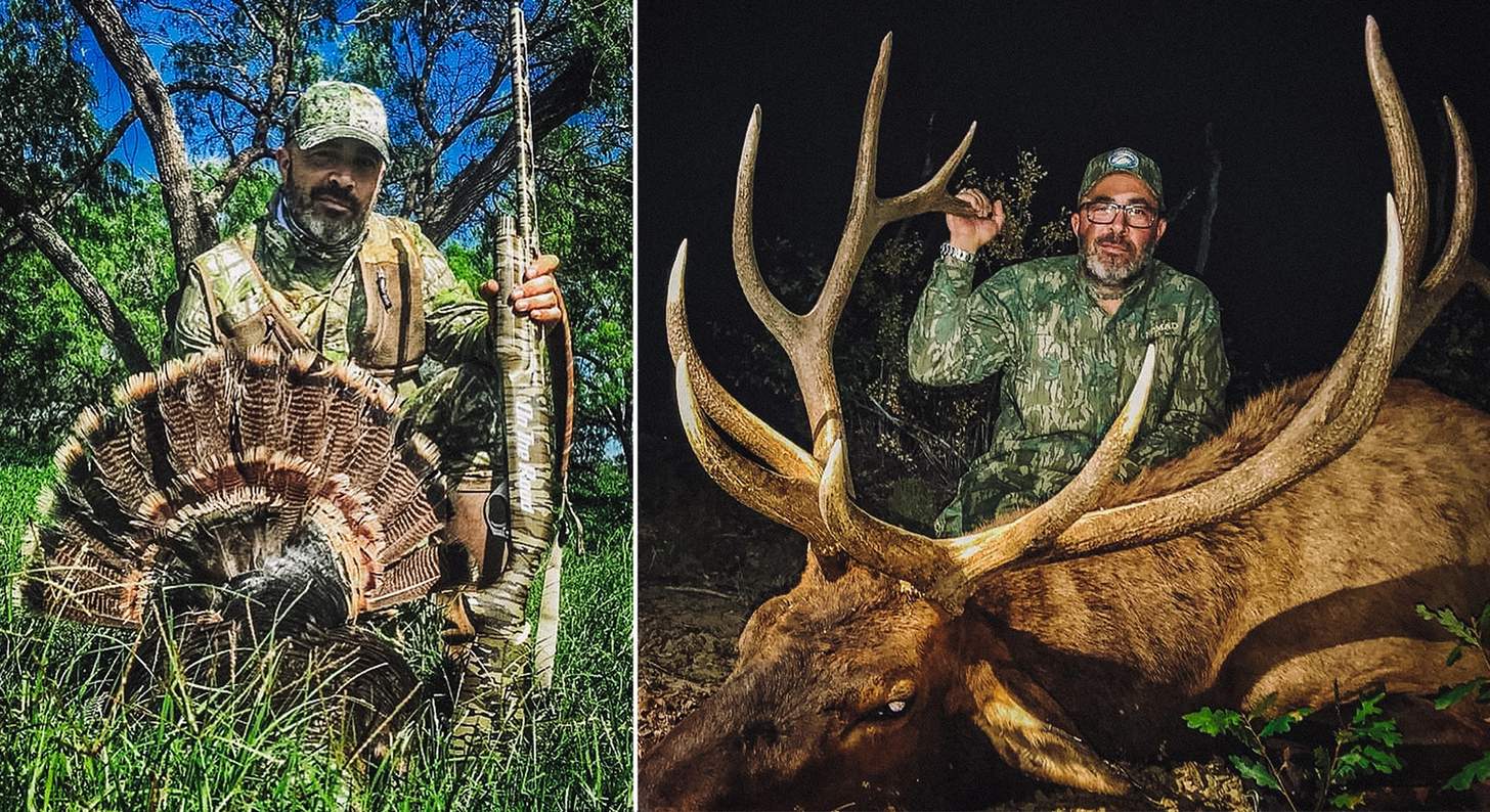 Aaron Lewis with a wild turkey and a shotgun and with a downed bull elk