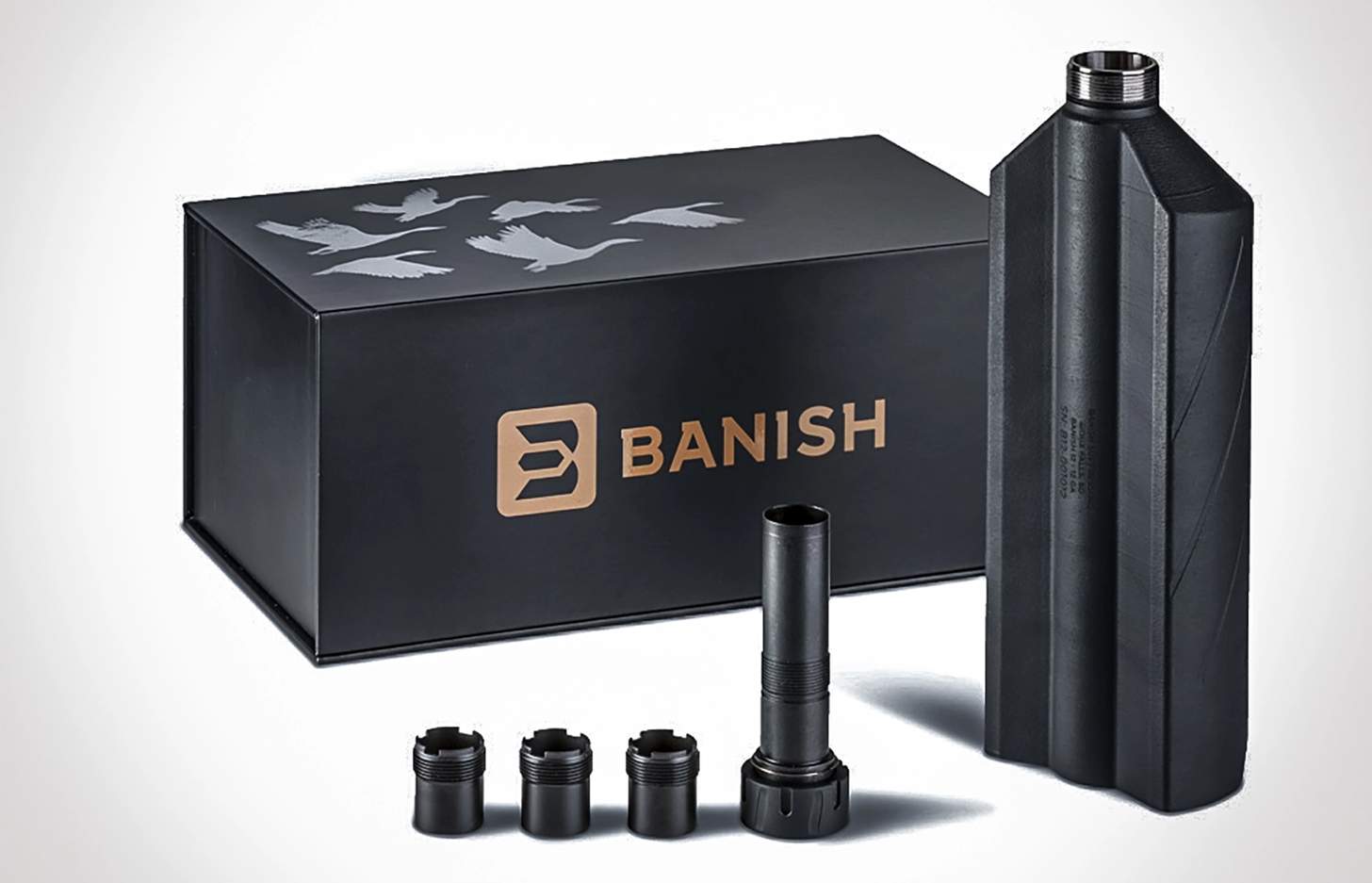The Banish 12 shotgun suppressor with the included shotgun chokes and choke mount