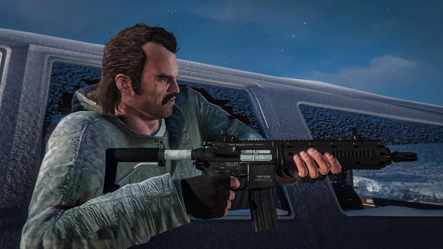 Carbine AR-15 being shot out of a car window