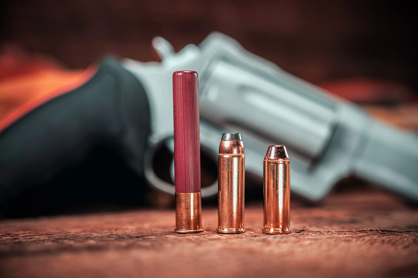 A .410 shell, a .454 Casull cartridge and a .45 Colt cartridge 
