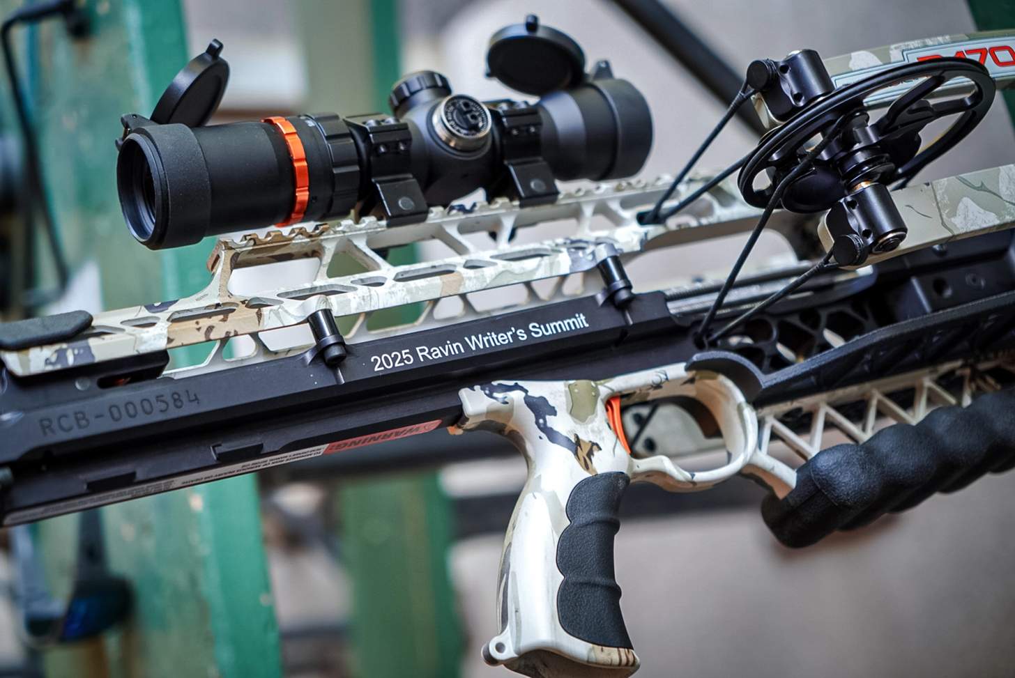 a close-up of a special edition Ravin R470 crossbow